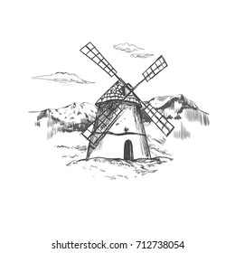 Windmill. Bakery concept. Mountain Alpine landscape. Vector hand drawn illustration for packaging design. 