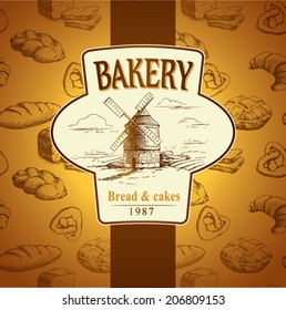 windmill . Bakery. labels, pack for bread, bakery. seamless background pattern