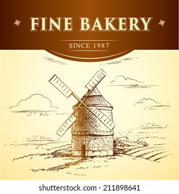 windmill . Bakery. labels, pack for bread, bakery. background pattern old windmill,  pinwheel,  windmill farm,  windmill isolated