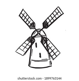 Windmill, Bakery shop emblem, hand drawn Vector illustration.