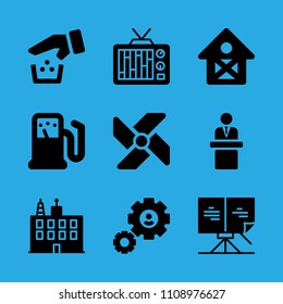 windmill, barn, building, speech, settings, recycling, gas station, television and sheet music vector icon. Simple icons set