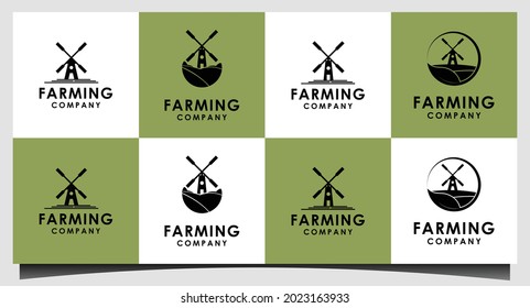 Inspiración en el diseño del logotipo del paisaje natural del campo de cultivo del molino de viento