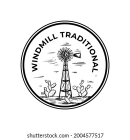 Windmill Barn Farm Traditional With Cactus Drawing Vintage Retro Badge Hipster Logo Vector Illustration Template Icon Design
