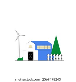 Windmill And Barn In Flat Vector Illustration Symbolizing Sustainable Energy, Farming, And Rural Lifestyle, Isolated On White Background.