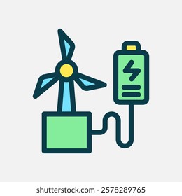 windmill and battery icon Flat line color, free energy, ecology, renewable and green energy concept. Line and flat color icon.