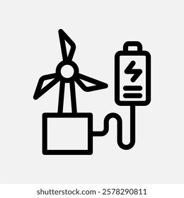 windmill and battery icon line, free energy, ecology, renewable and green energy concept. Linear and lineart icon.