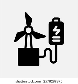 windmill and battery icon Semi solid, free energy, ecology, renewable and green energy concept. Black and semi solid icon.