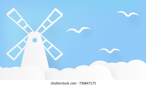 Windmill and birds with clouds on blue background. Flat Scene of wind power for energy generation. Paper craft vector.