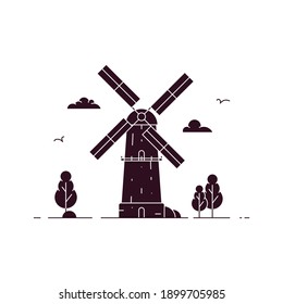 Windmill with birds, trees and clouds. Flour mill with millstones grinds grain. Grain processing. Flat outline vector illustration isolated