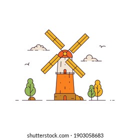 Windmill with birds, trees and clouds. Flour mill with millstones grinds grain. Grain processing. Flat line vector illustration isolated