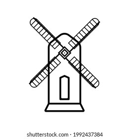 Windmill in black and white on a white background. Vector image.