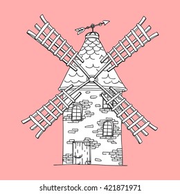 Windmill in black and white. The black outline, white shading on a pink background. Vector illustration.