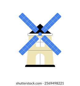 Windmill With Blue Blades In Flat Vector Illustration Symbolizing Renewable Energy, Sustainable Living, And Rural Aesthetics, Isolated On White Background