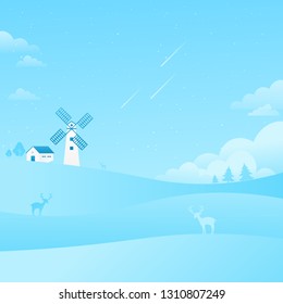 Windmill Blue Sky Landscape Falling Stars Nature Background Flat Style Vector Illustration