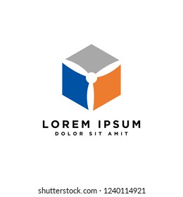 windmill box logo, cube pan icon. polygonal cube logo