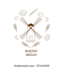 Windmill building. Bakery products. Linear style. Contour and shape. The ears of wheat. The bread and rolls. I love pastries. Vector illustration.