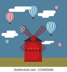 windmill building and balloons flying