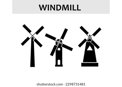 Icono de colección de construcción de molino de viento. Antiguo Molino De Viento Para Producción De Harina Y Pictogramas Lineales De Concepto De Turbina Eólica Eléctrica. Ilustración del vector