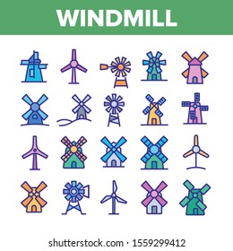 Windmill Building Collection Icons Set Vector Thin Line. Ancient Windmill For Flour Production And Electrical Wind Turbine Concept Linear Pictograms. Color Contour Illustrations