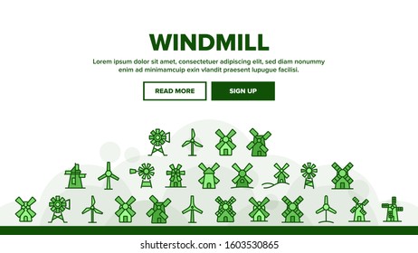 Windmill Building Landing Web Page Header Banner Template Vector. Ancient Windmill For Flour Production And Electrical Wind Turbine Illustration