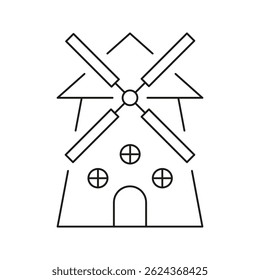 Windmill Building Line Icon. Renewable Energy, Agriculture, And Traditional Architecture Outline Symbol. Sustainable Power Generation. Editable Stroke. Isolated Vector Illustration.