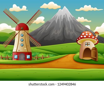 Windmill building and the mushroom house with a mountain background