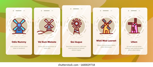Windmill Building Onboarding Mobile App Page Screen Vector. Ancient Windmill For Flour Production And Electrical Wind Turbine Illustrations