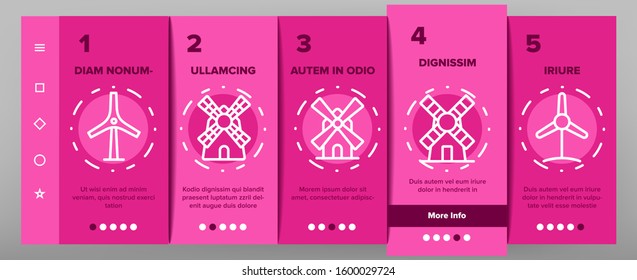 Windmill Building Onboarding Mobile App Page Screen Vector. Ancient Windmill For Flour Production And Electrical Wind Turbine Illustrations