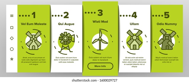 Windmill Building Onboarding Mobile App Page Screen Vector. Ancient Windmill For Flour Production And Electrical Wind Turbine Illustrations