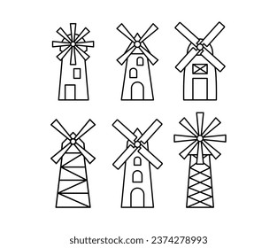 molino de viento construcción tradicional clásico simple linearato mínimo conjunto de iconos de contorno conjunto de colecciones de diseño vectorial