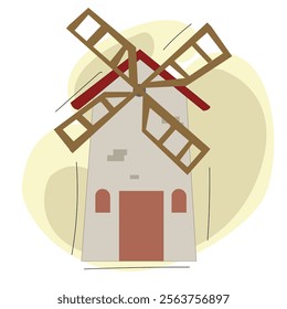  windmill building. Vector antique traditional wind mill for flour grinding with vanes propeller. 