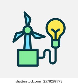 windmill and bulb lamp icon Flat line color, free energy, ecology, renewable and green energy concept. Line and flat color icon.