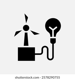 windmill and bulb lamp icon Glyph, free energy, ecology, renewable and green energy concept. Black and solid icon.