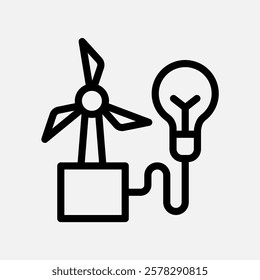 windmill and bulb lamp icon line, free energy, ecology, renewable and green energy concept. Linear and lineart icon.