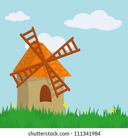 Windmill. Cartoon landscape with flowers, grass, clouds