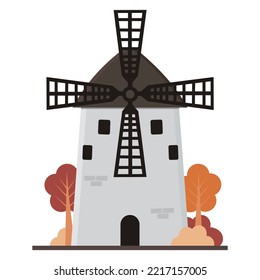 Windmühle im Cartoon-Stil, Vektorgrafik einzeln auf weißem Hintergrund.