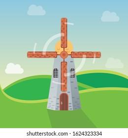 Windmill cartoon traditional rural wind energy mill farm power ecology watermill Flour mill, grinds grain. Windmill with millstones. Grain processing. Flat vector illustration isolated