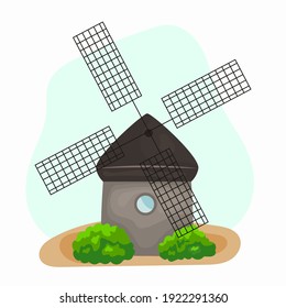 Windmill cartoon traditional rural windmills. Flour mill, grinds grain. Windmill with millstones. Grain processing. Vector illustration.