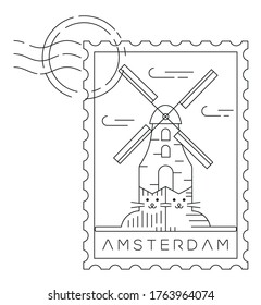 Ilustración vectorial de estampado de molino y gatos y diseño tipográfico, Amsterdam, Holanda o Países Bajos