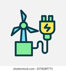 windmill charge icon Flat line color, free energy, ecology, renewable and green energy concept. Line and flat color icon.