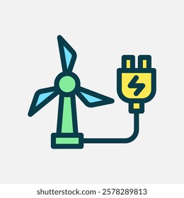 windmill charging icon Flat line color, free energy, ecology, renewable and green energy concept. Line and flat color icon.