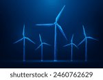 windmill clean energy low poly wireframe on blue background. sustainable and renewable energy. vector illustration fantastic design