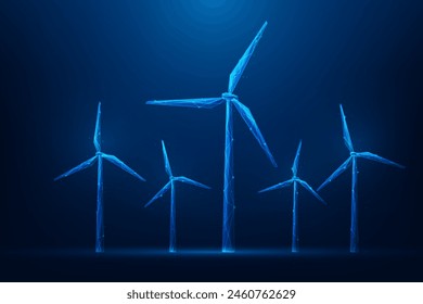 windmill clean energy low poly wireframe on blue background. sustainable and renewable energy. vector illustration fantastic design