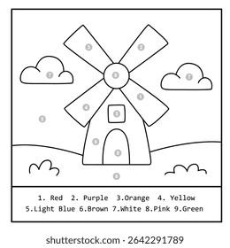 Windmill Color by Number for Children – Simple Landscape Worksheet