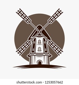 Windmill colored vector brown illustration in vintage style isolated on white background