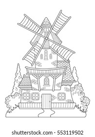Windmill coloring book for adults vector illustration. Anti-stress coloring for adult.  Black and white lines. Lace pattern