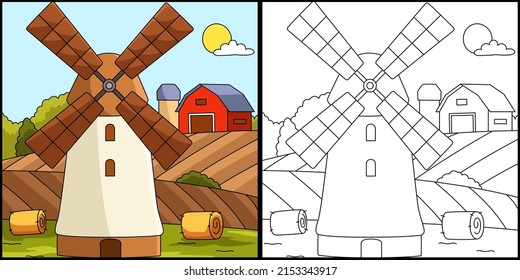 Windmill Coloring Page Colored Illustration