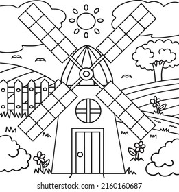 Windmill Coloring Page for Kids