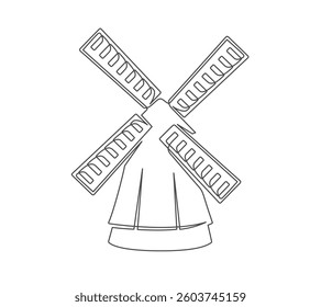 Windmill continuous one line icon isolated on white background. Farm symbol art drawing. Windmill design outline. Editable stroke. Vector illustration
