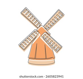 Windmill continuous one line icon isolated on white background. Farm symbol art drawing. Windmill design outline. Editable stroke. Vector illustration